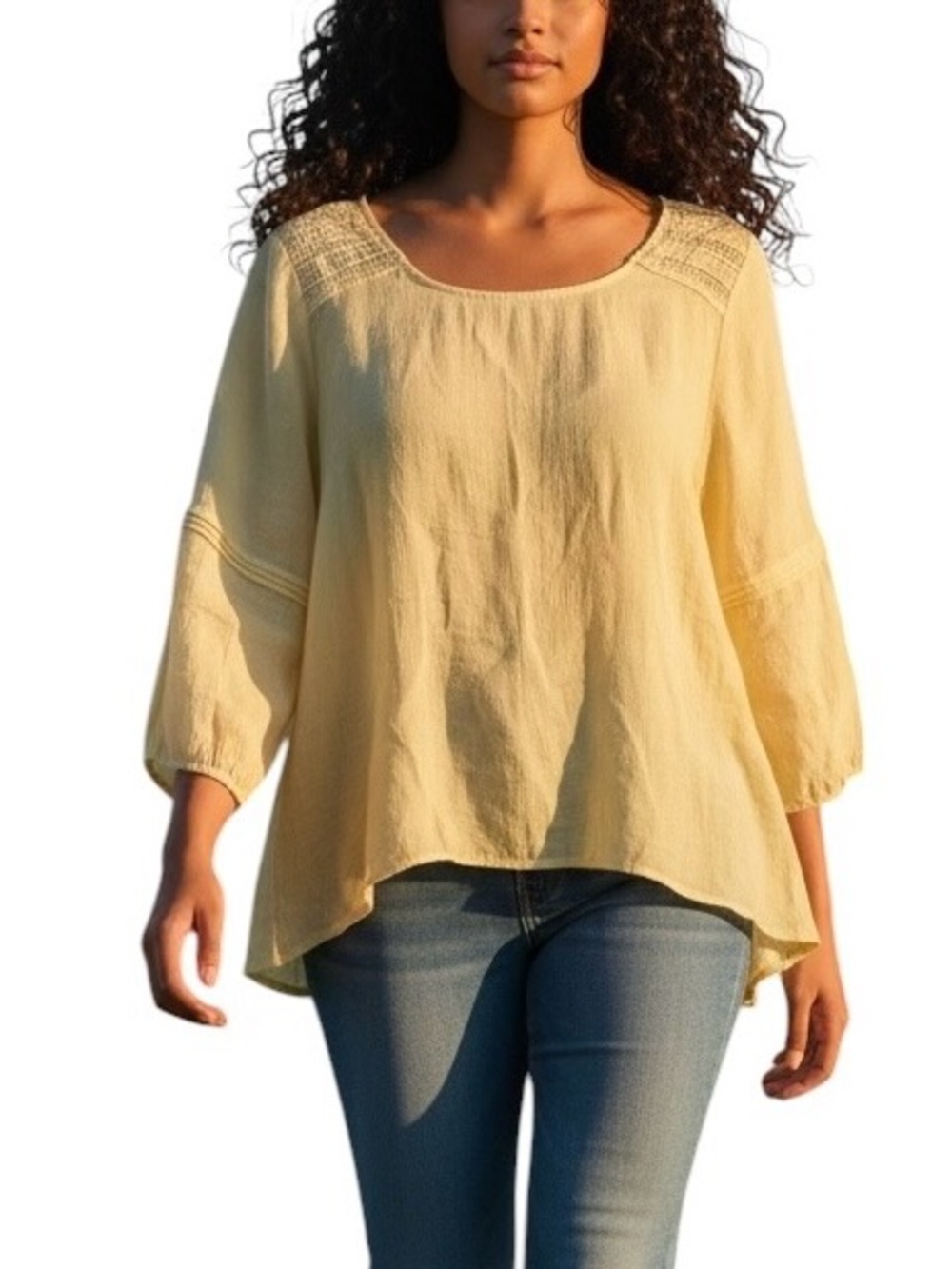 Hope & Harlow Flowy Top Womens Large Yellow 3/4 Puffy Sleeve Sheer Peasant Boho